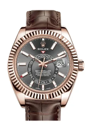 Rolex Sky Dweller Dark Rhodium Dial 18k Rose Gold Brown Leather Strap Men's Watch 326135
