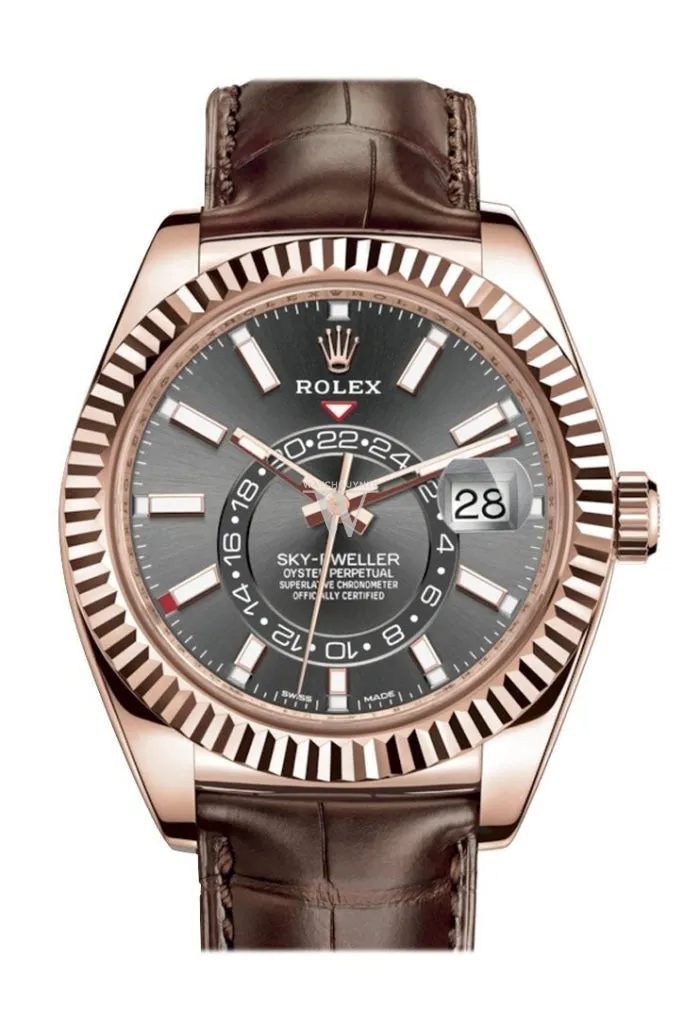 Rolex Sky Dweller Dark Rhodium Dial 18k Rose Gold Brown Leather Strap Men's Watch 326135