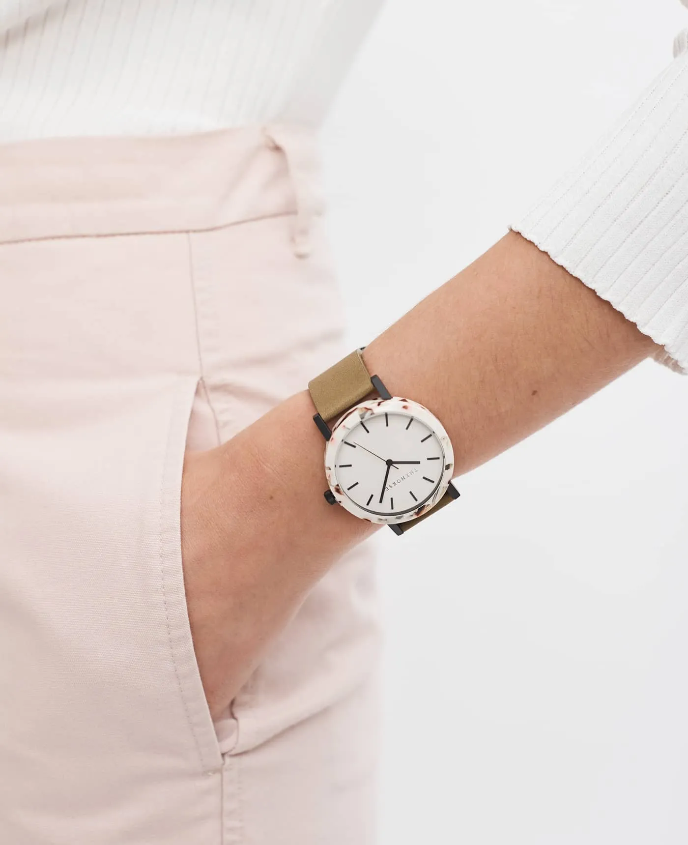 The Resin: Nougat Shell / White Dial / Olive Leather