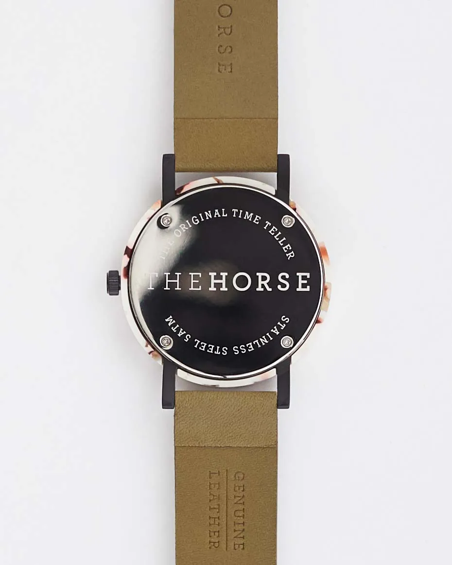 The Resin: Nougat Shell / White Dial / Olive Leather