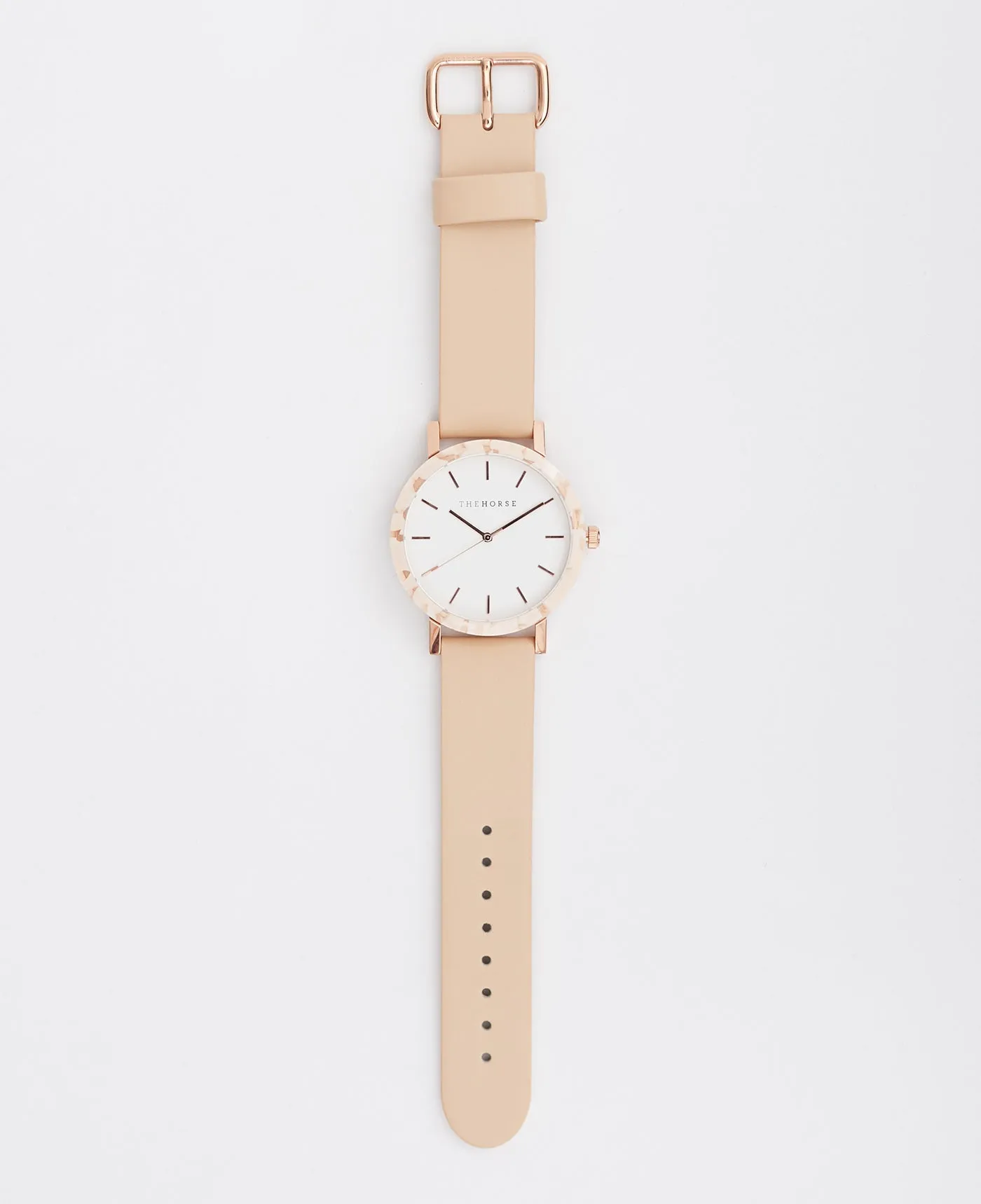 The Resin: Peach Speckle Case / White Dial / Rose Gold Indexing / Vegetable Tan Leather