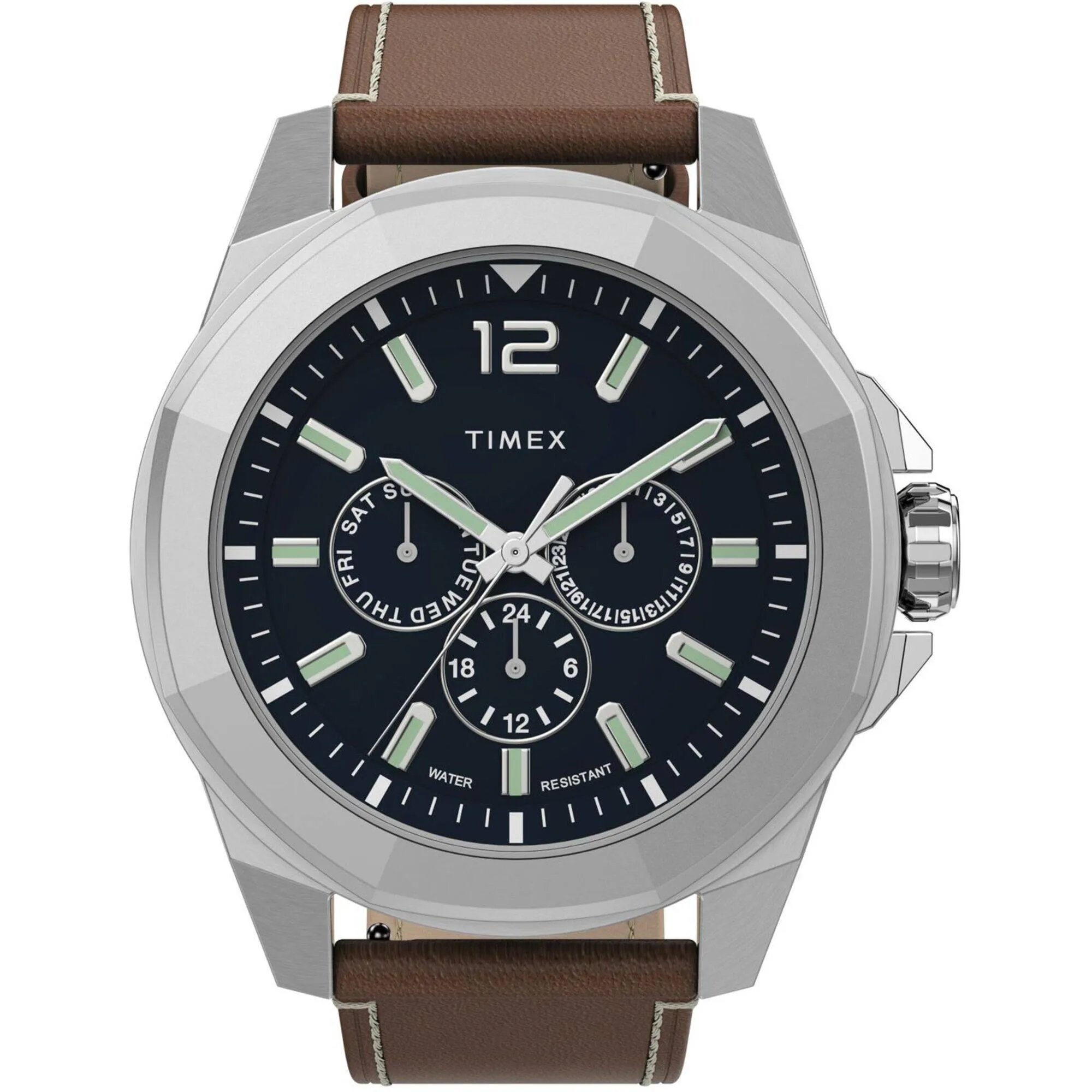 Timex Men's Watch - Essex Avenue Blue Dial Tan Leather Strap Day-Date | TW2U42800