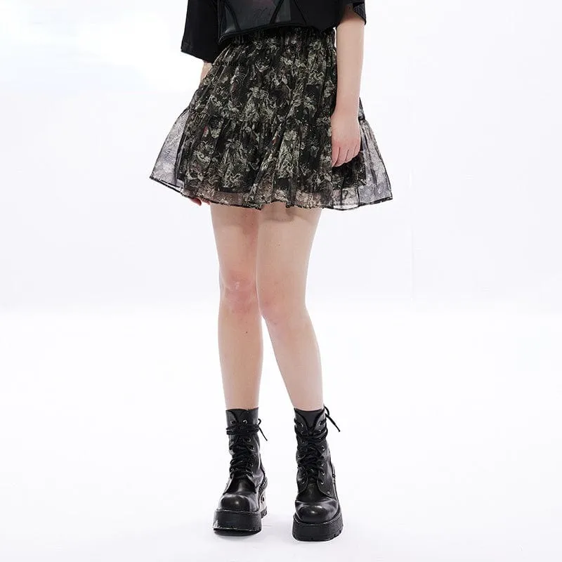Women's Grunge Cat Printed Chiffon Short Skirt