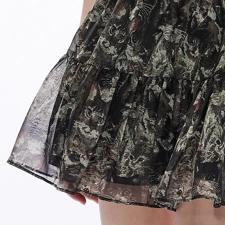 Women's Grunge Cat Printed Chiffon Short Skirt