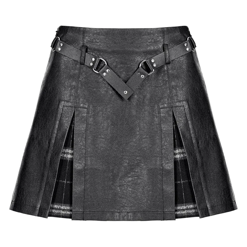 Women's Punk Plaid Splice Faux Leather Skirt with Belt